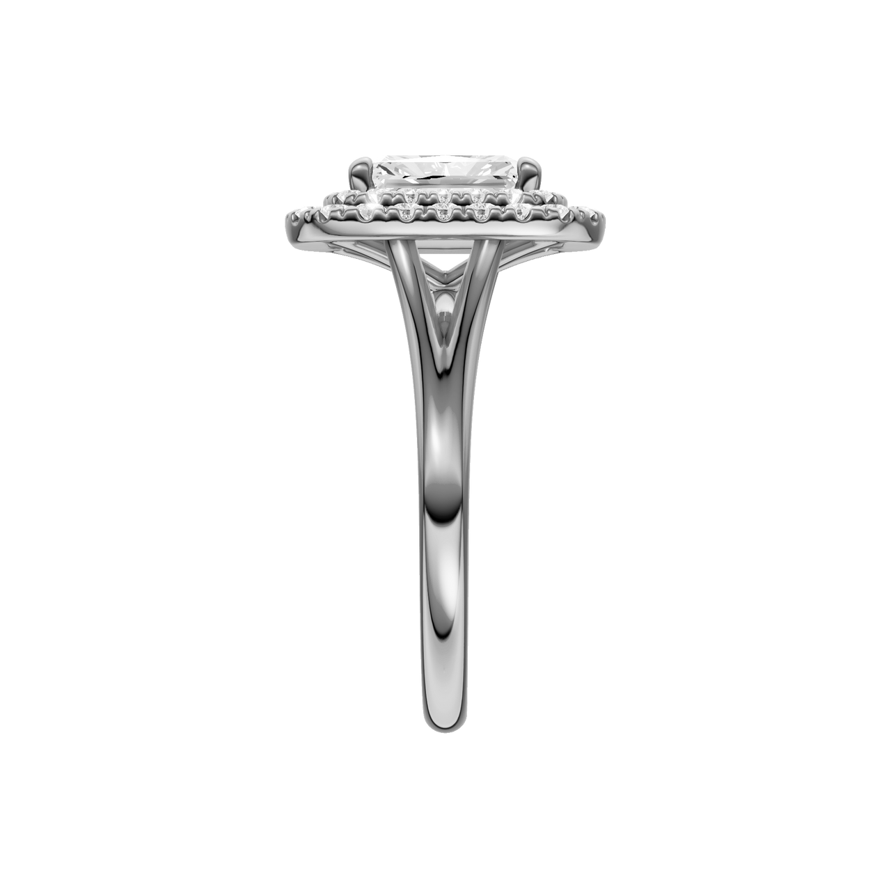 A side view of the Radiant cut diamond engagement ring in platinum with a plain band and cathedral setting