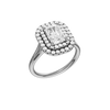 A three-quarter view of the Radiant cut diamond engagement ring in platinum with a plain band and cathedral setting