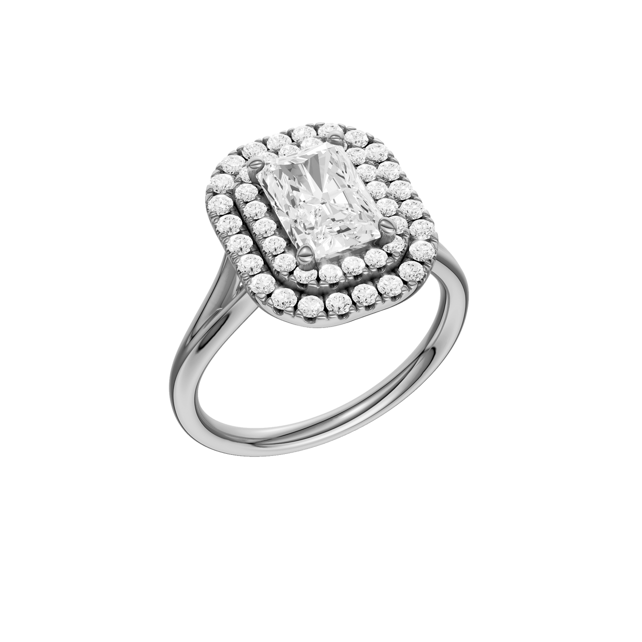A three-quarter view of the Radiant cut diamond engagement ring in platinum with a plain band and cathedral setting
