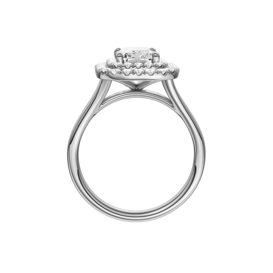 A profile view of the Radiant cut diamond engagement ring in platinum with a plain band and cathedral setting