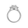 A profile view of the Radiant cut diamond engagement ring in platinum with a plain band and cathedral setting