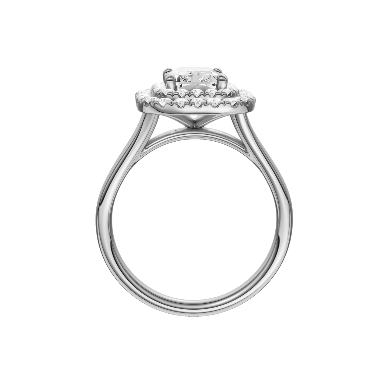 A profile view of the Radiant cut diamond engagement ring in platinum with a plain band and cathedral setting