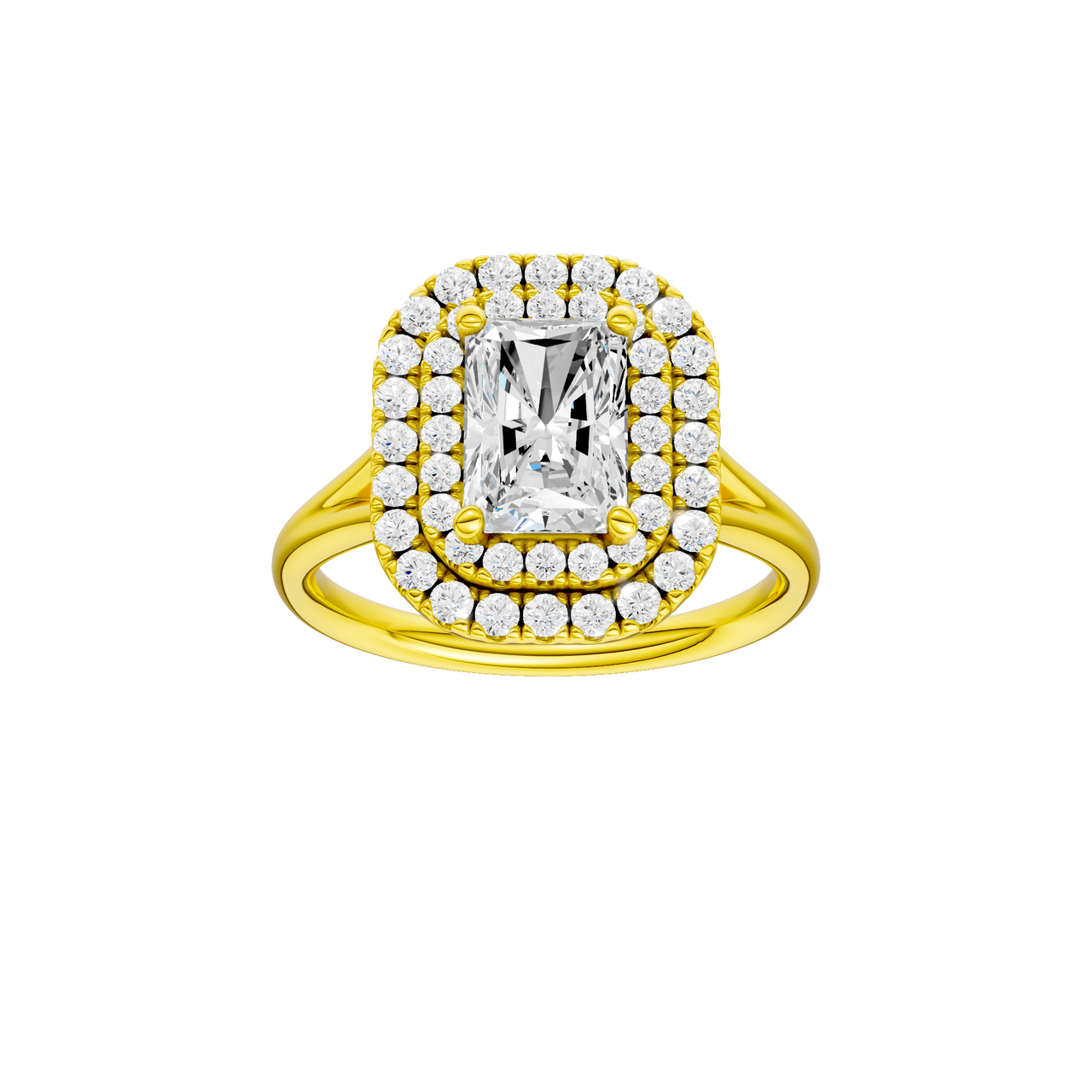 A front view of the Radiant cut diamond engagement ring in 14k yellow gold with a plain band and cathedral setting