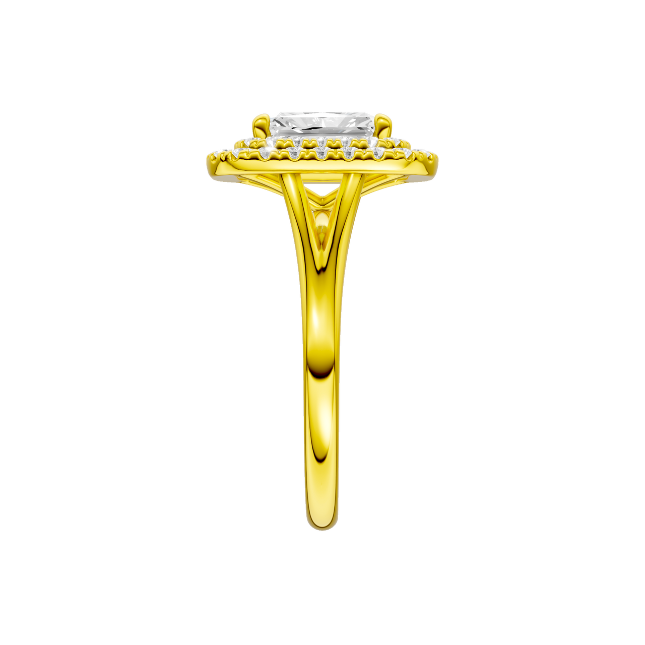 A side view of the Radiant cut diamond engagement ring in 14k yellow gold with a plain band and cathedral setting