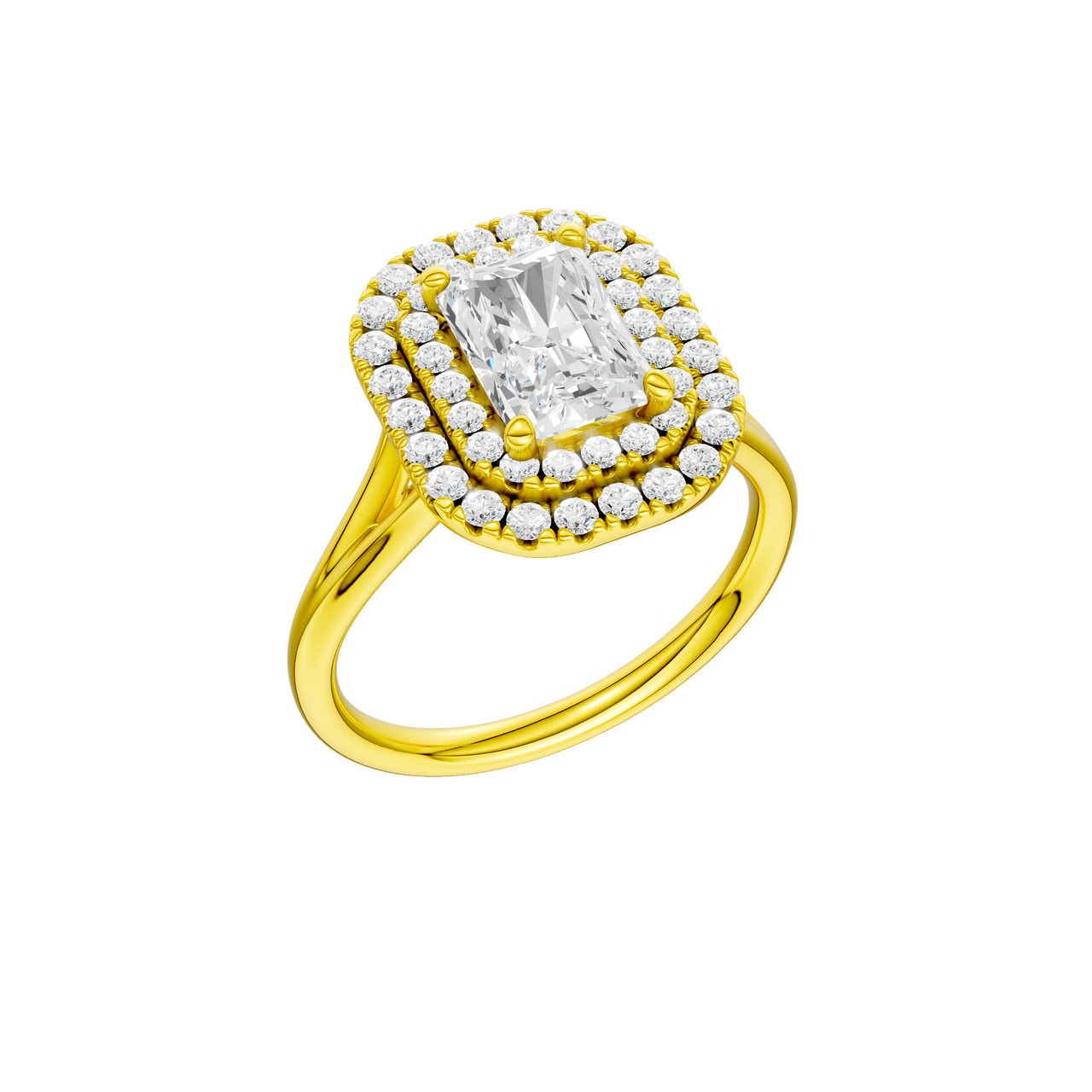 A three-quarter view of the Radiant cut diamond engagement ring in 14k yellow gold with a plain band and cathedral setting