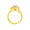 A profile view of the Radiant cut diamond engagement ring in 14k yellow gold with a plain band and cathedral setting