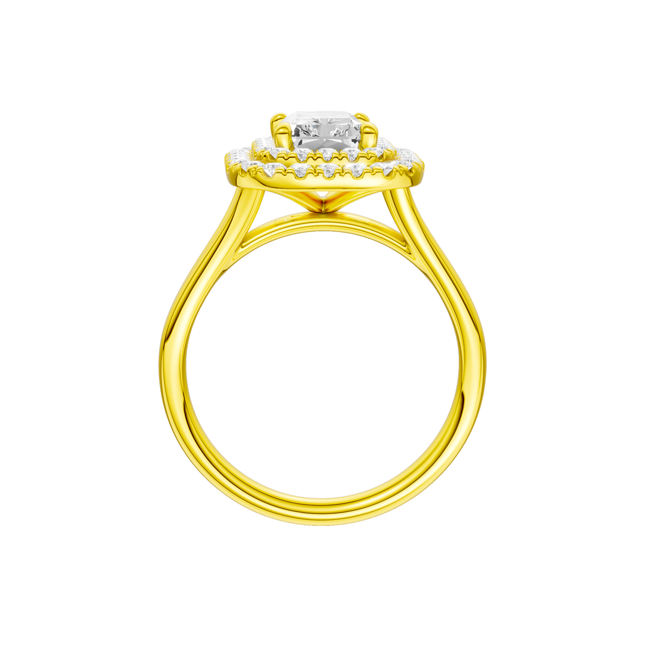 A profile view of the Radiant cut diamond engagement ring in 14k yellow gold with a plain band and cathedral setting