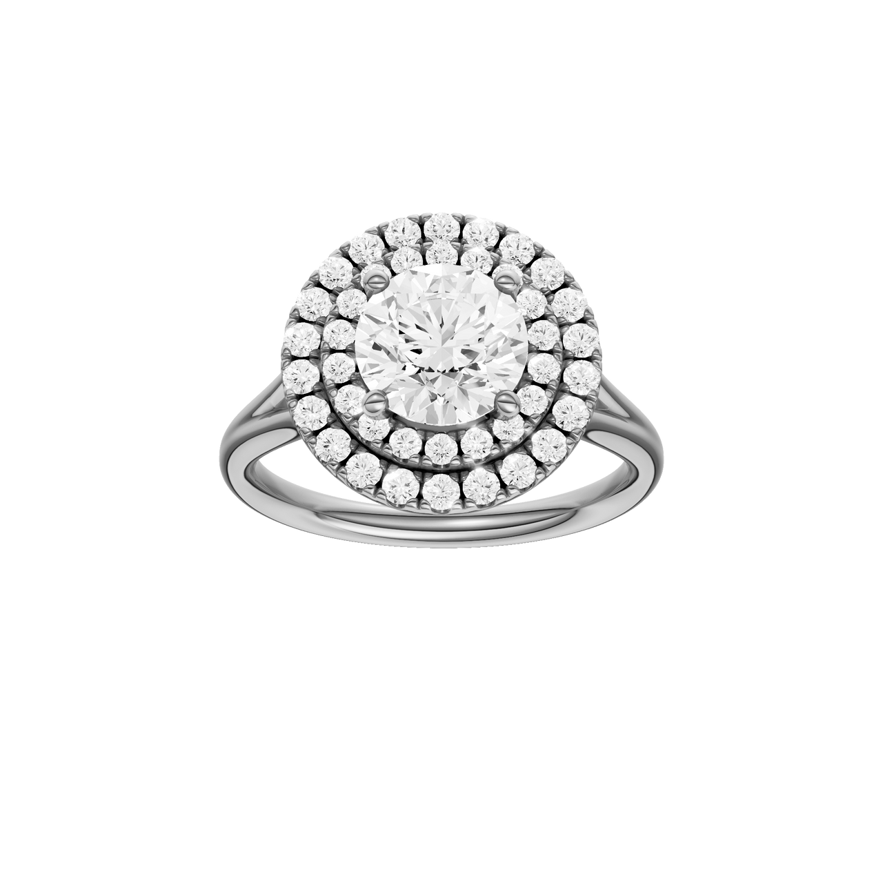 A front view of the Round cut diamond engagement ring in 14k white gold with a plain band and cathedral setting