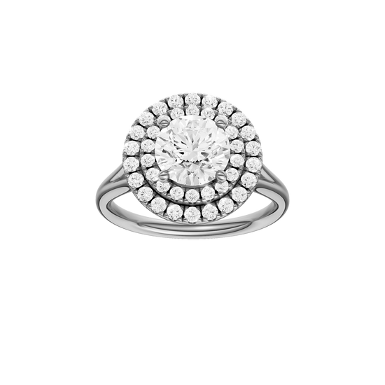 A front view of the Round cut diamond engagement ring in platinum with a plain band and cathedral setting