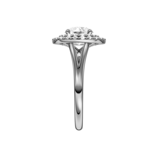 A side view of the Round cut diamond engagement ring in 14k white gold with a plain band and cathedral setting
