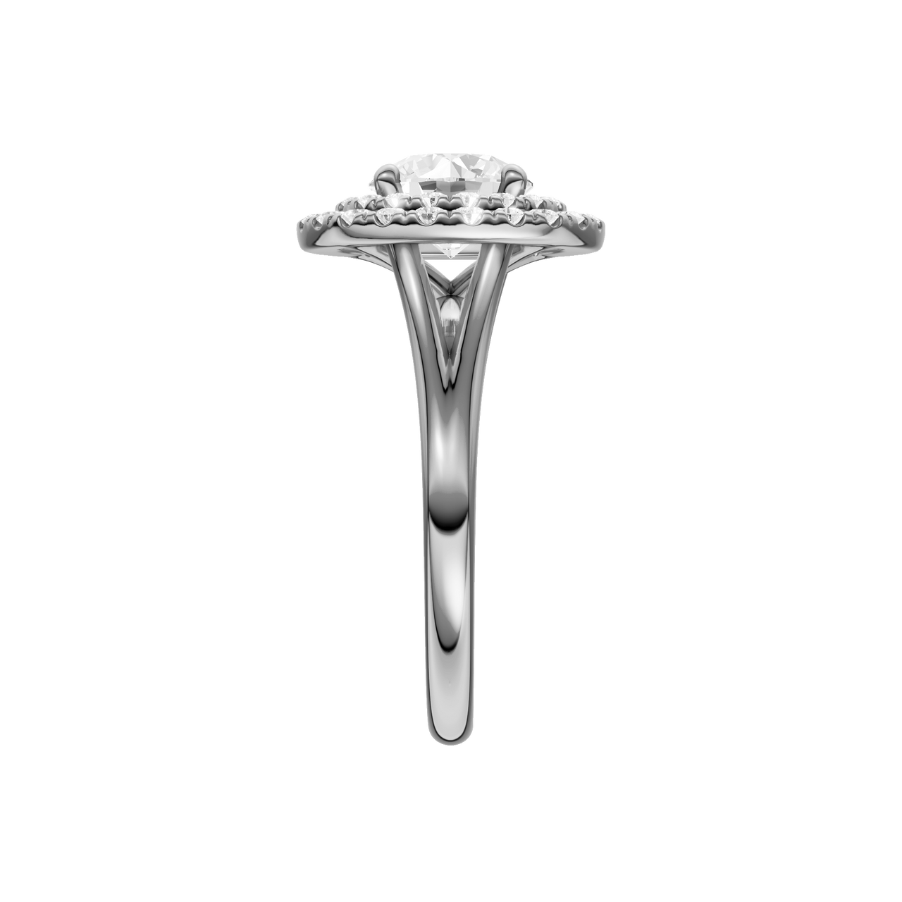 A side view of the Round cut diamond engagement ring in 14k white gold with a plain band and cathedral setting