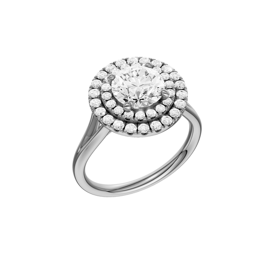 A three-quarter view of the Round cut diamond engagement ring in 14k white gold with a plain band and cathedral setting