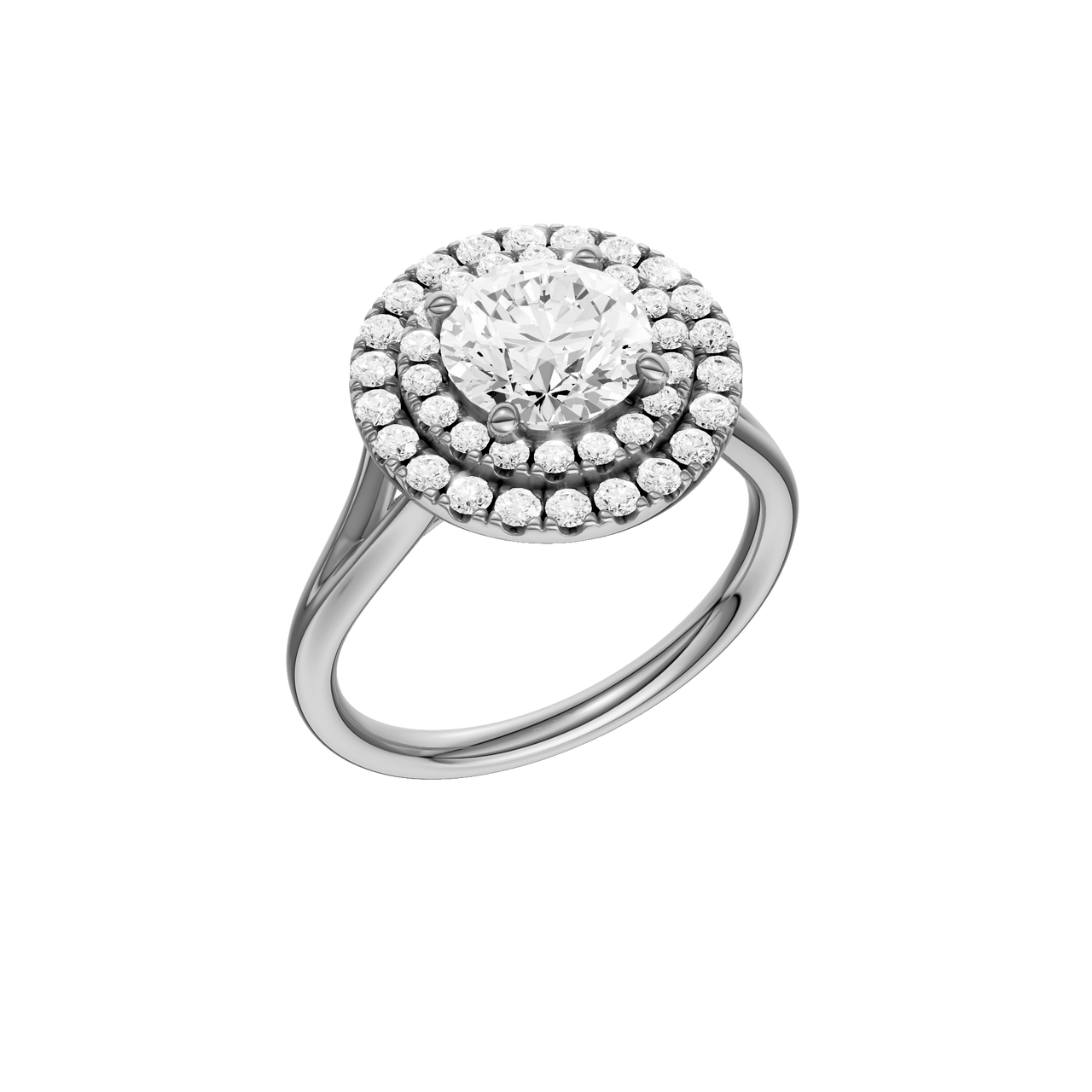 A three-quarter view of the Round cut diamond engagement ring in 14k white gold with a plain band and cathedral setting