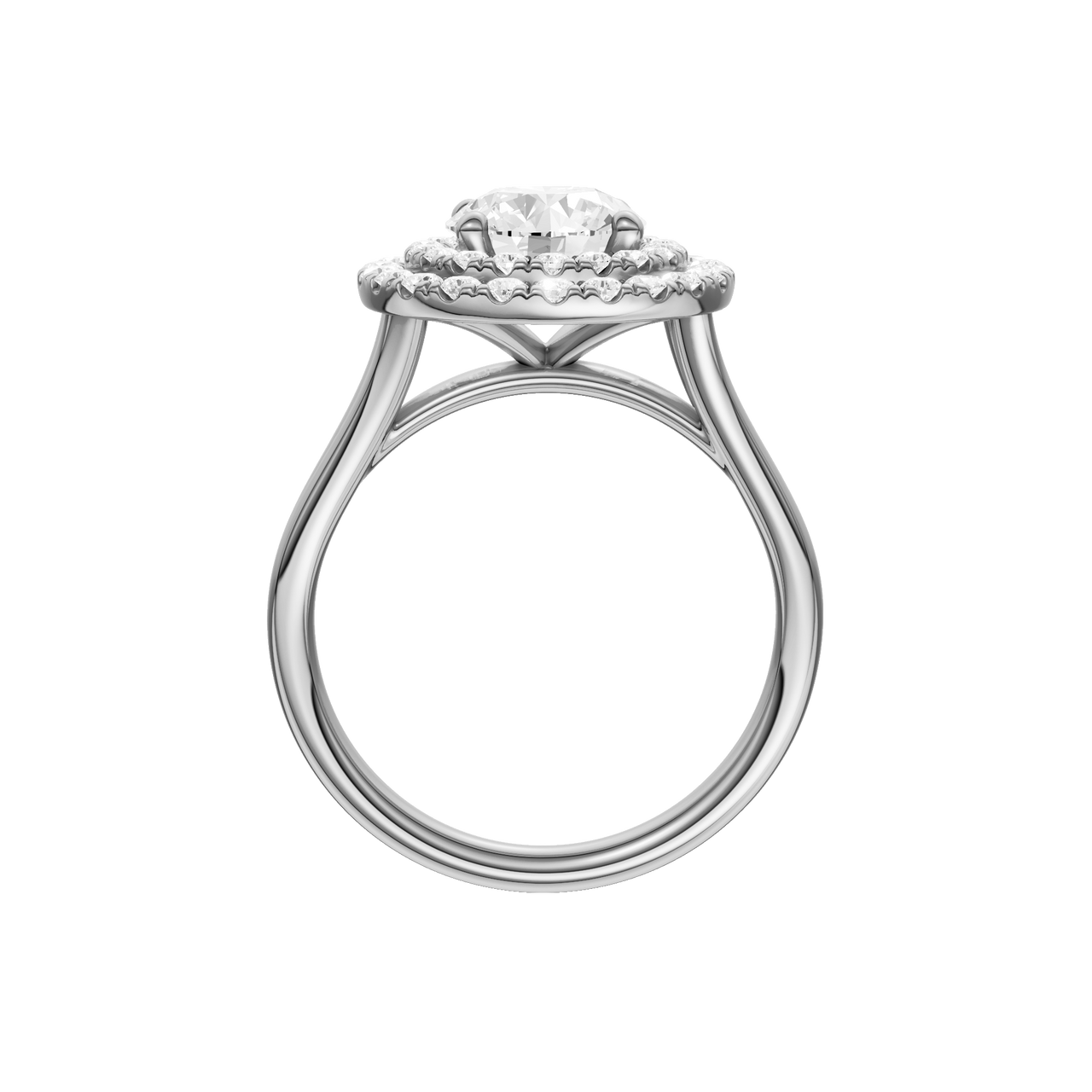 A profile view of the Round cut diamond engagement ring in 14k white gold with a plain band and cathedral setting