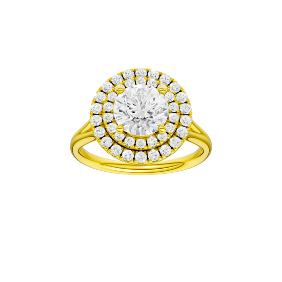 A front view of the Round cut diamond engagement ring in 14k yellow gold with a plain band and cathedral setting