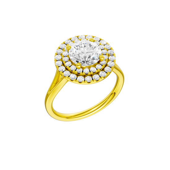 A three-quarter view of the Round cut diamond engagement ring in 14k yellow gold with a plain band and cathedral setting