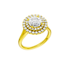 A three-quarter view of the Round cut diamond engagement ring in 14k yellow gold with a plain band and cathedral setting