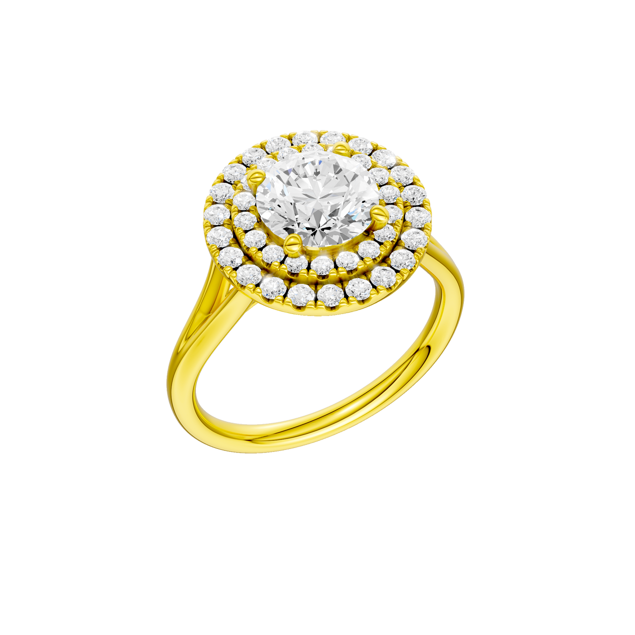 A three-quarter view of the Round cut diamond engagement ring in 14k yellow gold with a plain band and cathedral setting