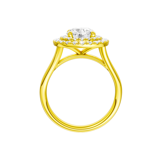 A profile view of the Round cut diamond engagement ring in 14k yellow gold with a plain band and cathedral setting