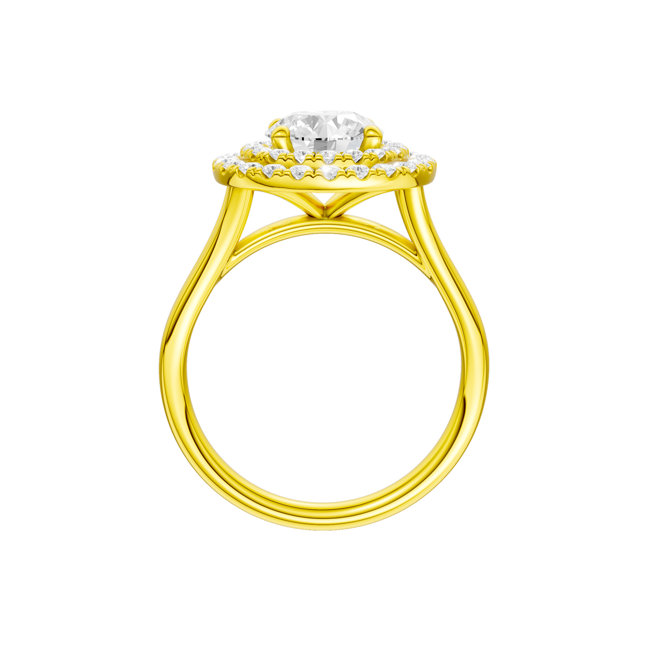 A profile view of the Round cut diamond engagement ring in 14k yellow gold with a plain band and cathedral setting