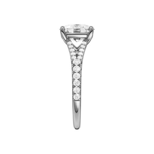 A side view of the Elongated Cushion cut diamond engagement ring in 14k white gold with a prong band and solitaire setting