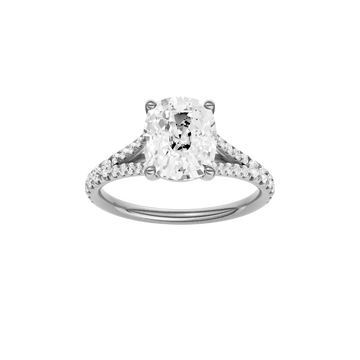 A front view of the Elongated Cushion cut diamond engagement ring in 14k white gold with a prong band and solitaire setting