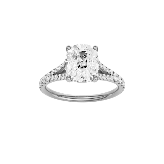 A front view of the Elongated Cushion cut diamond engagement ring in platinum with a prong band and solitaire setting