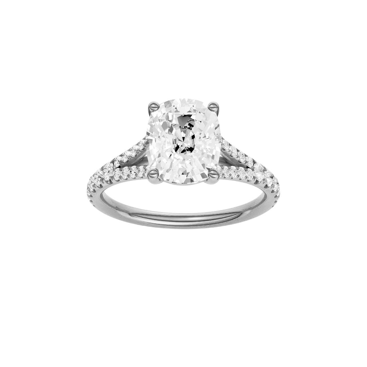A front view of the Elongated Cushion cut diamond engagement ring in platinum with a prong band and solitaire setting
