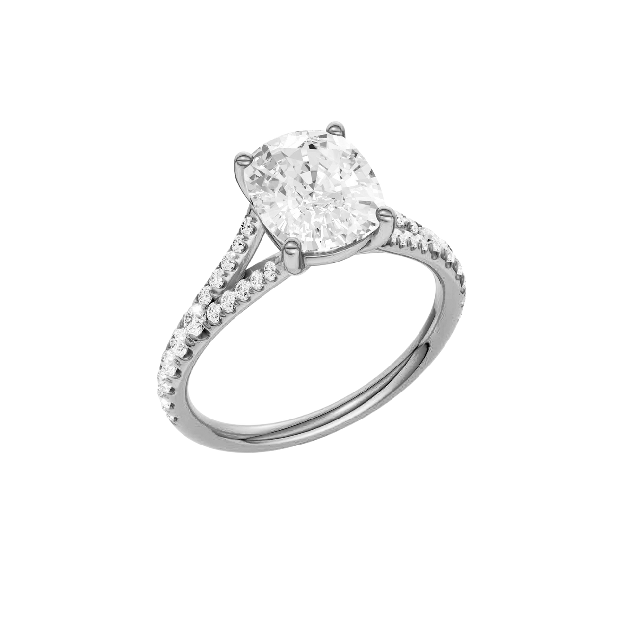 A three-quarter view of the Elongated Cushion cut diamond engagement ring in platinum with a prong band and solitaire setting