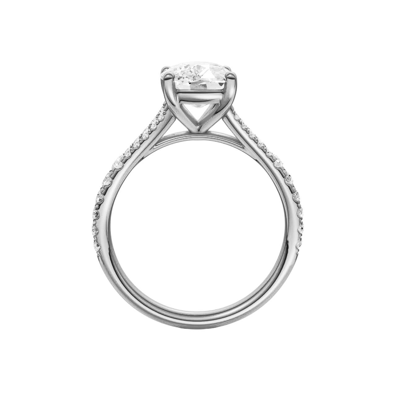 A profile view of the Elongated Cushion cut diamond engagement ring in platinum with a prong band and solitaire setting