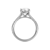 A profile view of the Elongated Cushion cut diamond engagement ring in 14k white gold with a prong band and solitaire setting