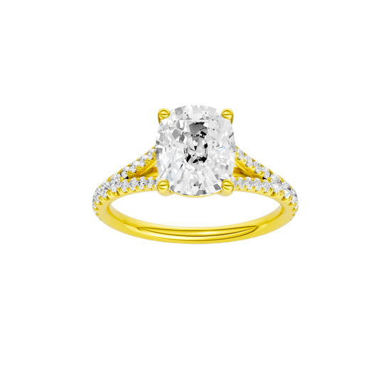 A front view of the Elongated Cushion cut diamond engagement ring in 14k yellow gold with a prong band and solitaire setting