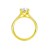 A profile view of the Elongated Cushion cut diamond engagement ring in 14k yellow gold with a prong band and solitaire setting
