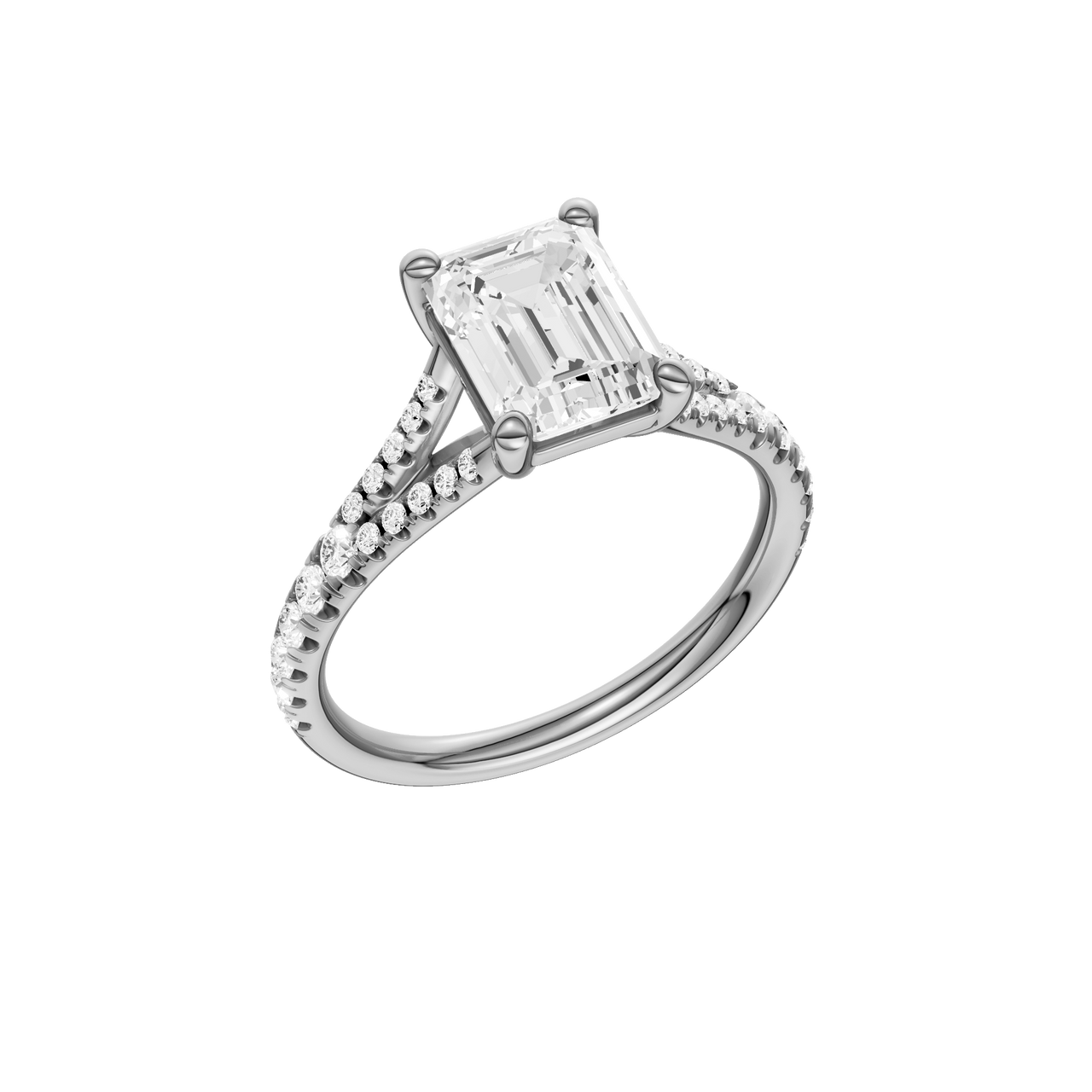 A three-quarter view of the Emerald cut diamond engagement ring in platinum with a prong band and solitaire setting