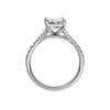 A profile view of the Emerald cut diamond engagement ring in platinum with a prong band and solitaire setting