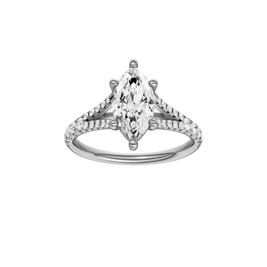 A front view of the Marquise cut diamond engagement ring in 14k white gold with a prong band and solitaire setting