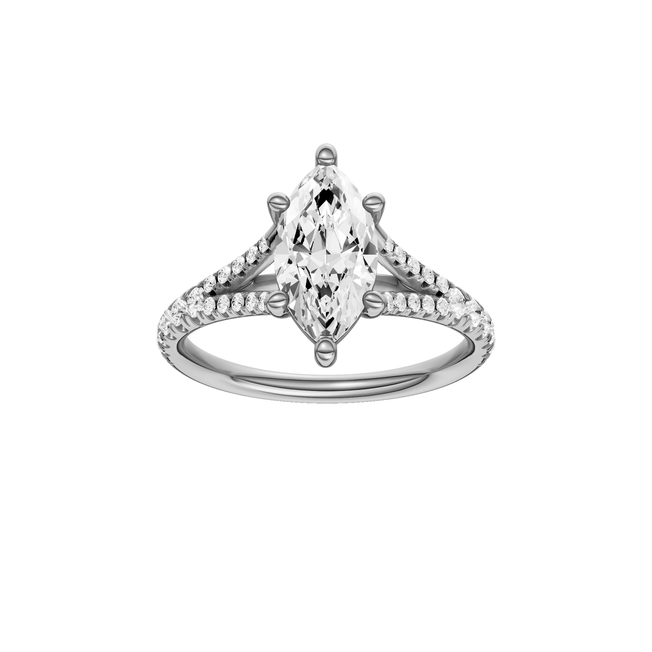 A front view of the Marquise cut diamond engagement ring in 14k white gold with a prong band and solitaire setting