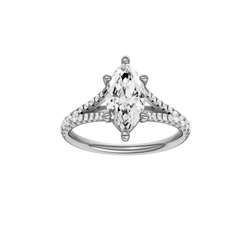 A front view of the Marquise cut diamond engagement ring in 14k white gold with a prong band and solitaire setting