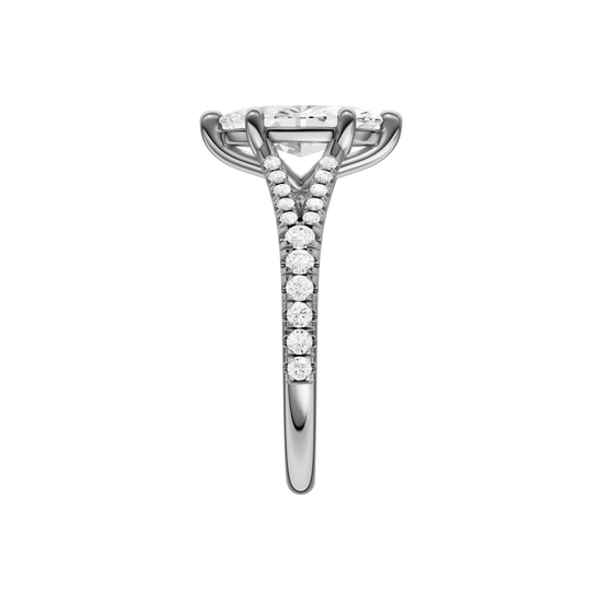 A side view of the Marquise cut diamond engagement ring in 14k white gold with a prong band and solitaire setting