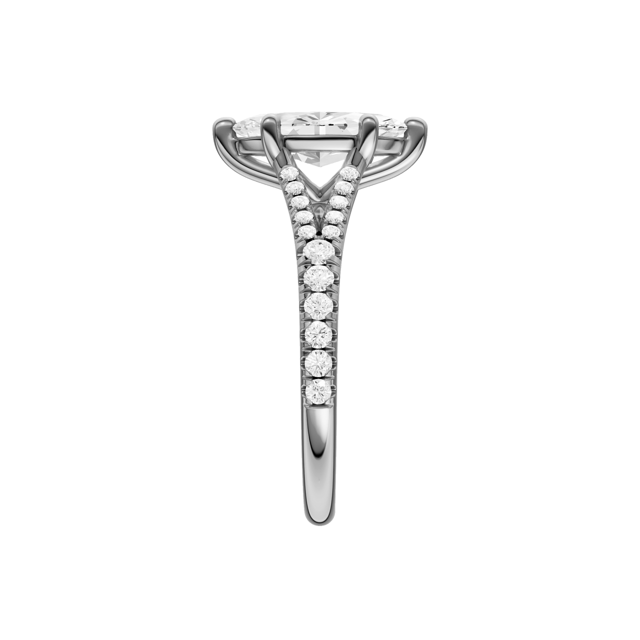 A side view of the Marquise cut diamond engagement ring in platinum with a prong band and solitaire setting
