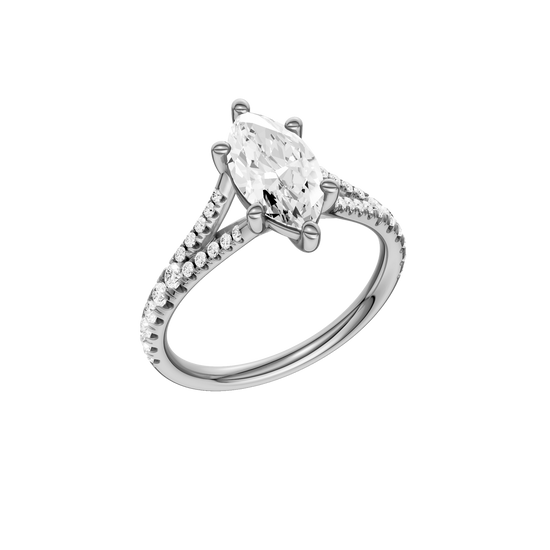 A three-quarter view of the Marquise cut diamond engagement ring in platinum with a prong band and solitaire setting