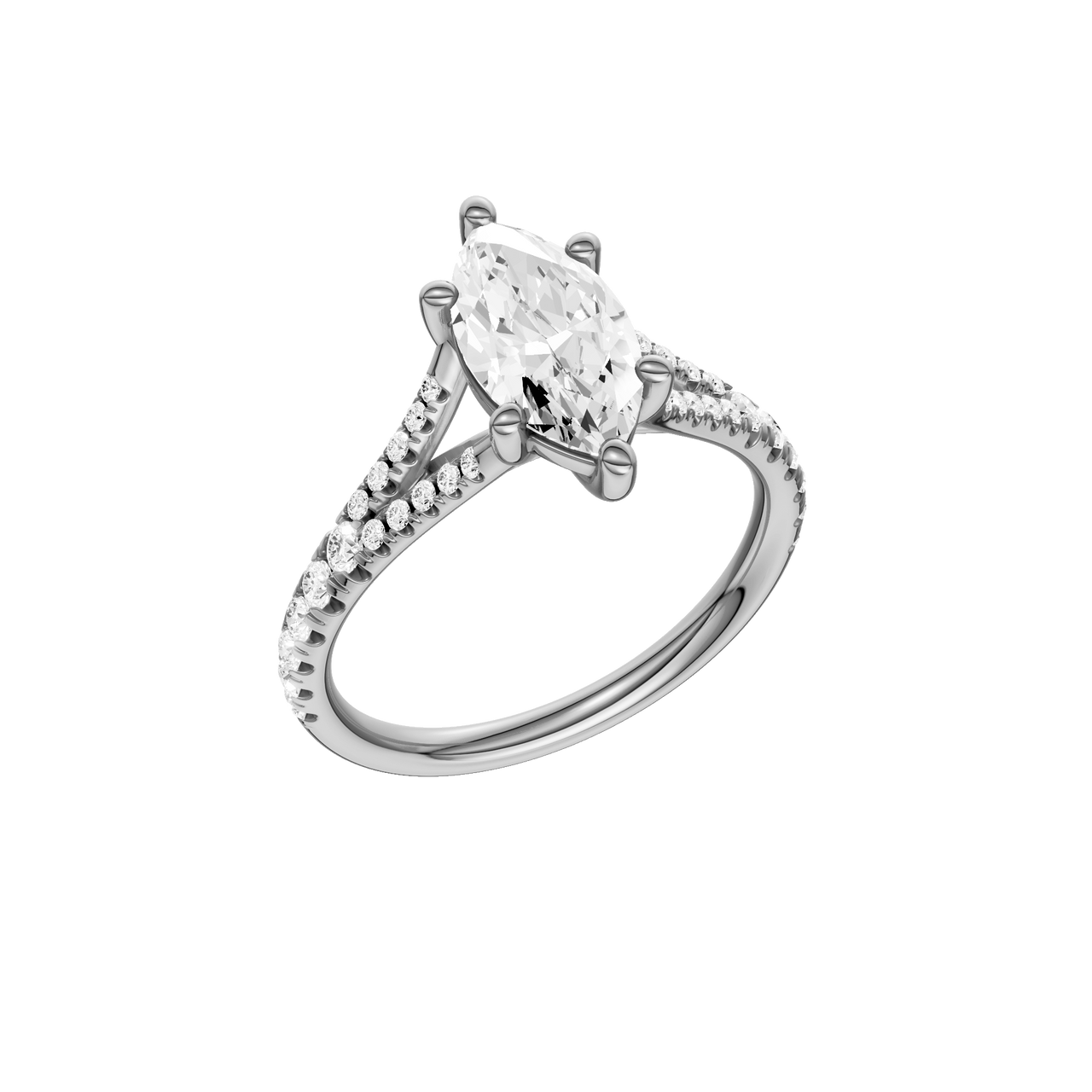 A three-quarter view of the Marquise cut diamond engagement ring in platinum with a prong band and solitaire setting