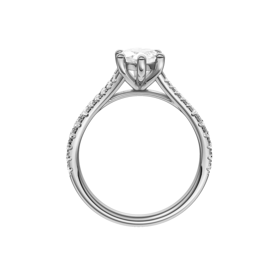 A profile view of the Marquise cut diamond engagement ring in 14k white gold with a prong band and solitaire setting