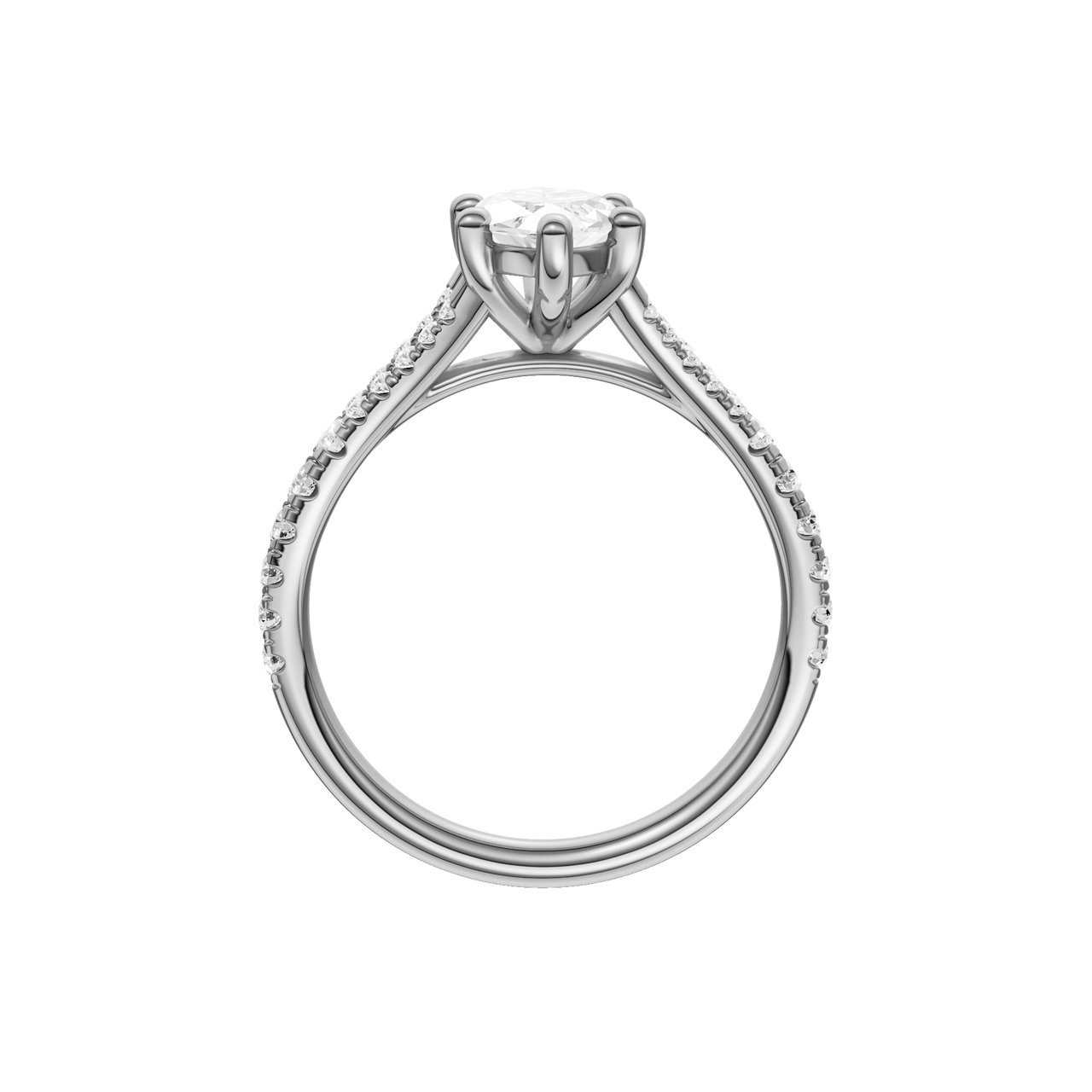A profile view of the Marquise cut diamond engagement ring in 14k white gold with a prong band and solitaire setting