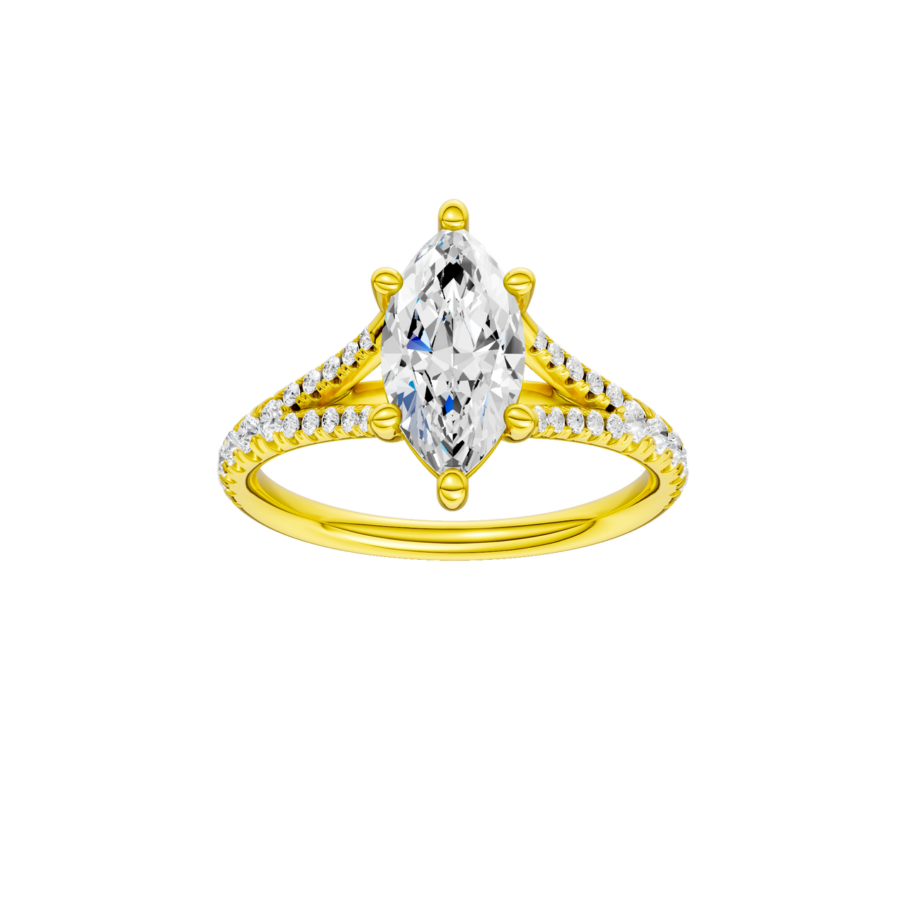 A front view of the Marquise cut diamond engagement ring in 14k yellow gold with a prong band and solitaire setting