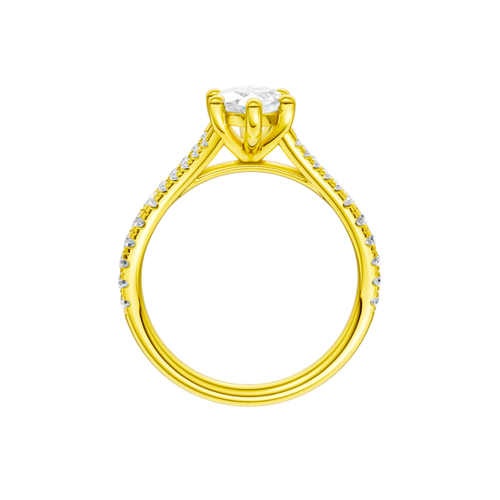 A profile view of the Marquise cut diamond engagement ring in 14k yellow gold with a prong band and solitaire setting