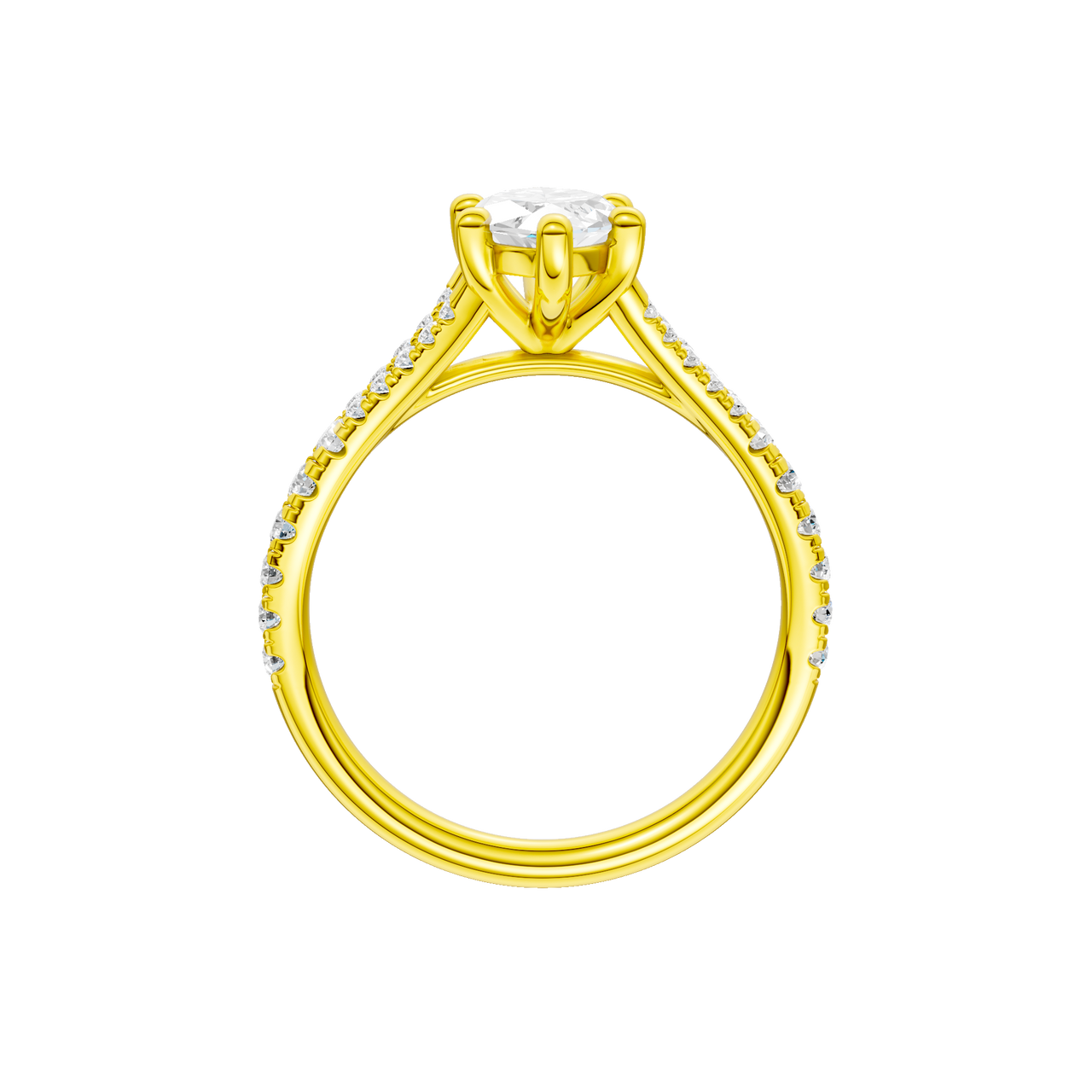 A profile view of the Marquise cut diamond engagement ring in 14k yellow gold with a prong band and solitaire setting