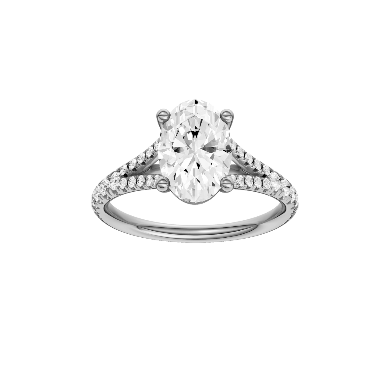 A front view of the Oval cut diamond engagement ring in 14k white gold with a prong band and solitaire setting