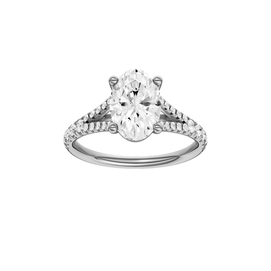 A front view of the Oval cut diamond engagement ring in 14k white gold with a prong band and solitaire setting