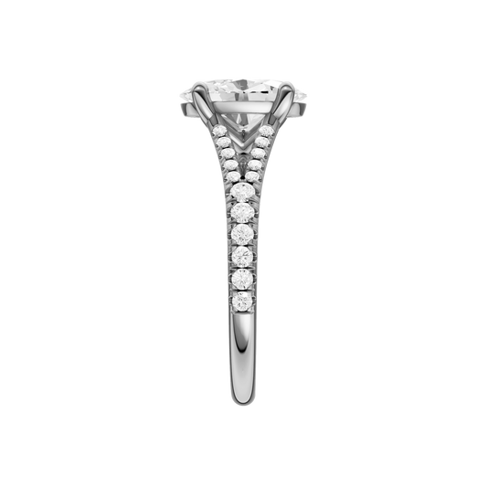 A side view of the Oval cut diamond engagement ring in 14k white gold with a prong band and solitaire setting